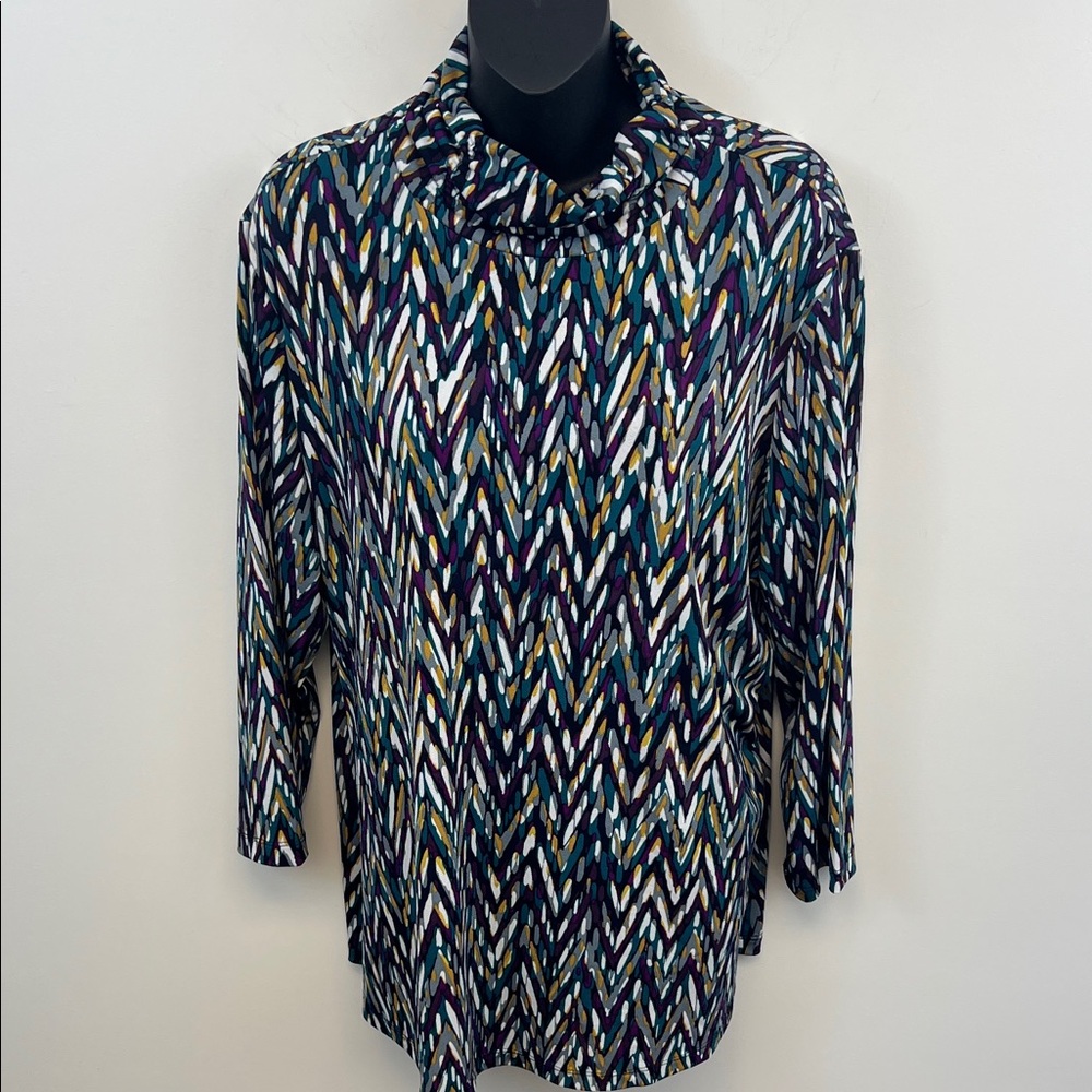 Susan Graver Chic Colorful Abstract Long Sleeve Top Purple Teal Yellow XL